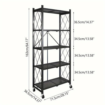 3/4/5-Tier Heavy-Duty Rolling Storage Shelf – Foldable Portable Iron Shelving Unit with Wheels for Home & Garage Organization
