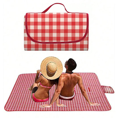Red Checkered Picnic Blanket 150x200cm – Lightweight, Washable Beach Mat with Handle for Outdoor Camping & Travel