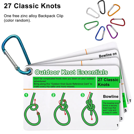 7-Piece Outdoor Knot Cards Set - 27 Classic Knots Guide with Mini Carabiner for Camping & Backpacking