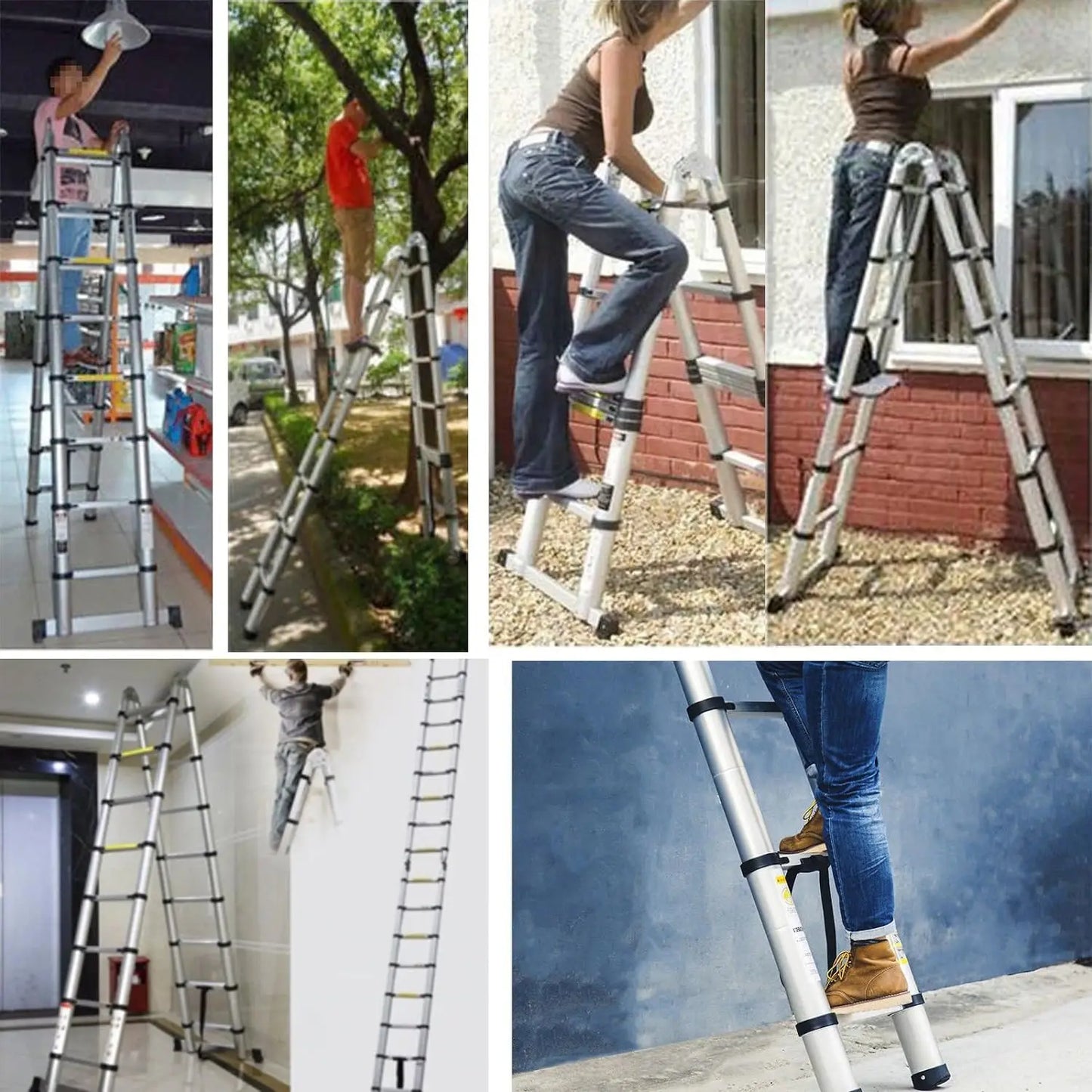 16.5FT (5M) Telescopic Aluminium Ladder – Extendable Folding Ladder with Non-Slip Steps, 150kg Load Capacity