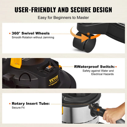 VEVOR Stainless Steel Wet Dry Shop Vacuum - Powerful Small Shop Vac for Carpet, Debris & Pet Hair