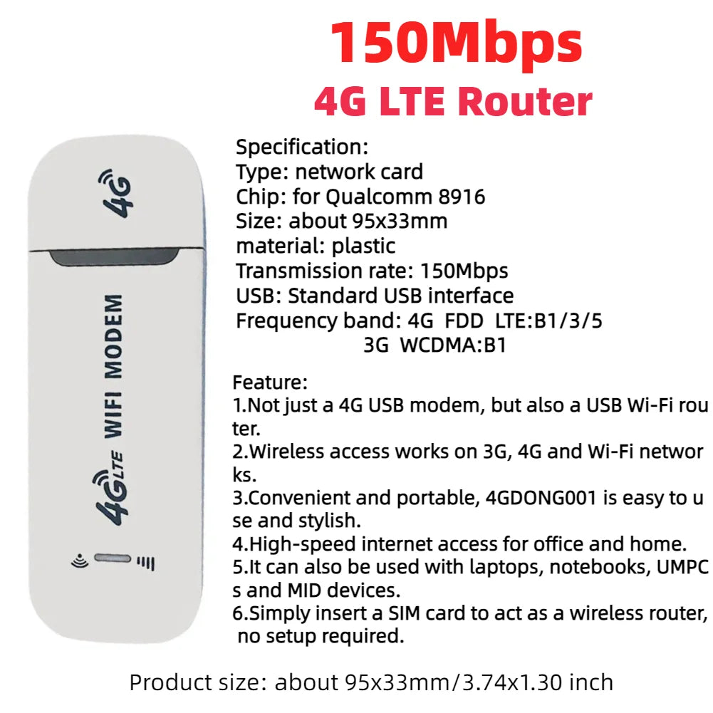 4G LTE USB Modem Dongle — 150Mbps Wireless WiFi Mobile Router with SIM Card Slot for Home & Office Pocket Hotspot