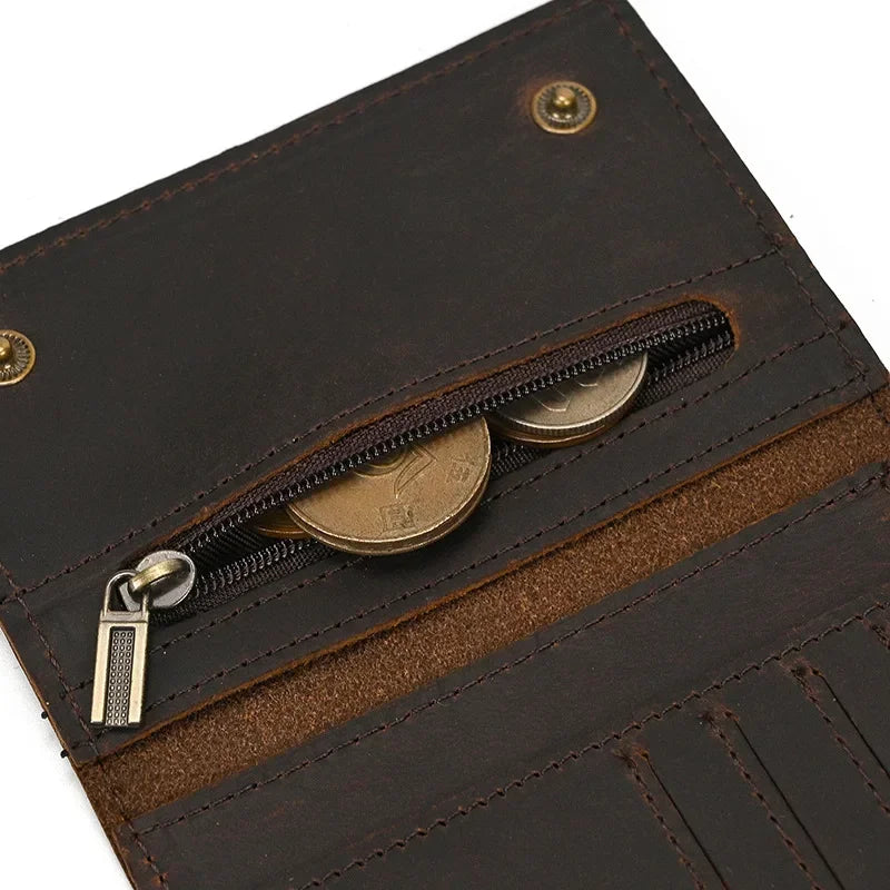Men’s Genuine Leather Short Wallet with Chain – Trifold Zipper Clutch, Card Holder & Coin Purse