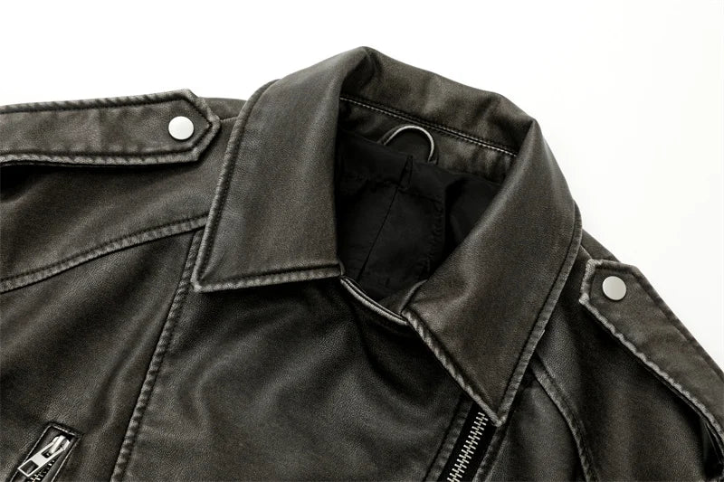 RARF 2024 Women's Washed Leather Jacket – Coal Gray Short Coat with Belt, Vintage Lapel & Zipper
