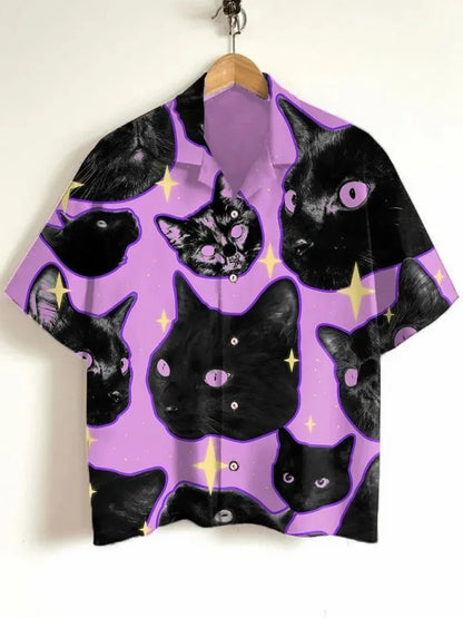 Men’s Cat Graphic Button Down Shirt - Oversized Short Sleeve Summer Hawaiian Vacation Top