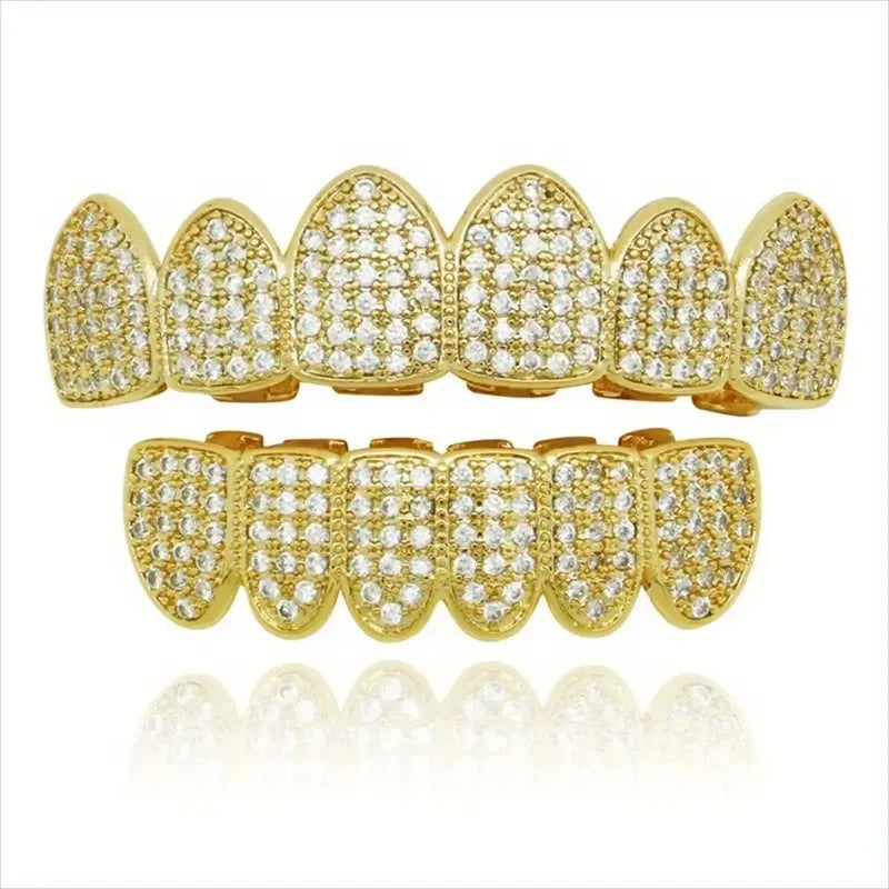 HipHop CZ Teeth Set – Unisex Gold & Silver Top/Bottom Mouth Caps, Removable Dental Fashion Jewelry