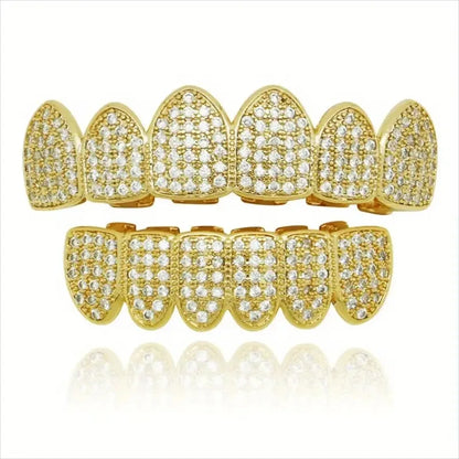 HipHop CZ Teeth Set – Unisex Gold & Silver Top/Bottom Mouth Caps, Removable Dental Fashion Jewelry