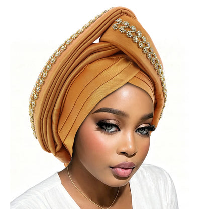 Luxury Diamond African Turban Headtie - Nigerian Auto Gele Head Wrap for Women, Wedding & Party Headpiece