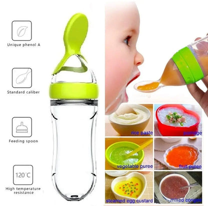 Silicone Baby Feeding Bottle Spoon - Squeeze Cereal Feeder Cup with Pacifier Training Spoon for Newborn Infants