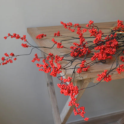 120CM Style Artificial Flower Arrangement – Zen Winter Green & Red Berry Décor for Home, Tea Table Decoration