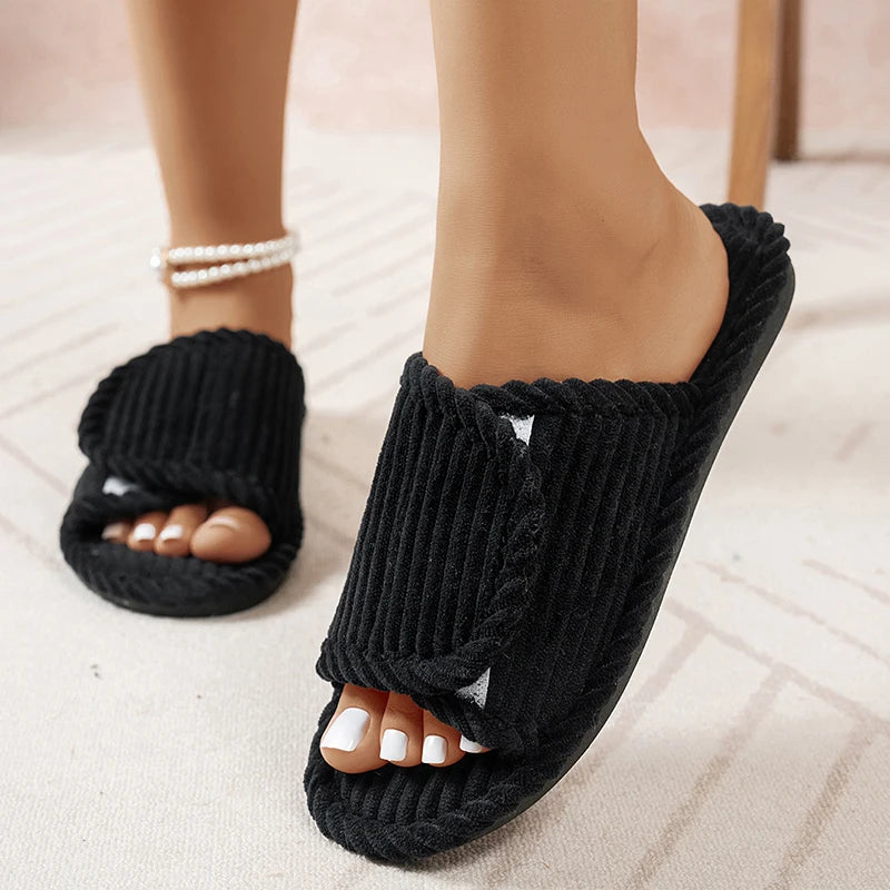 Women’s Corduroy Open Toe Flat Heel Home Slippers – Lightweight Non-Slip Indoor Bedroom Comfort Slides