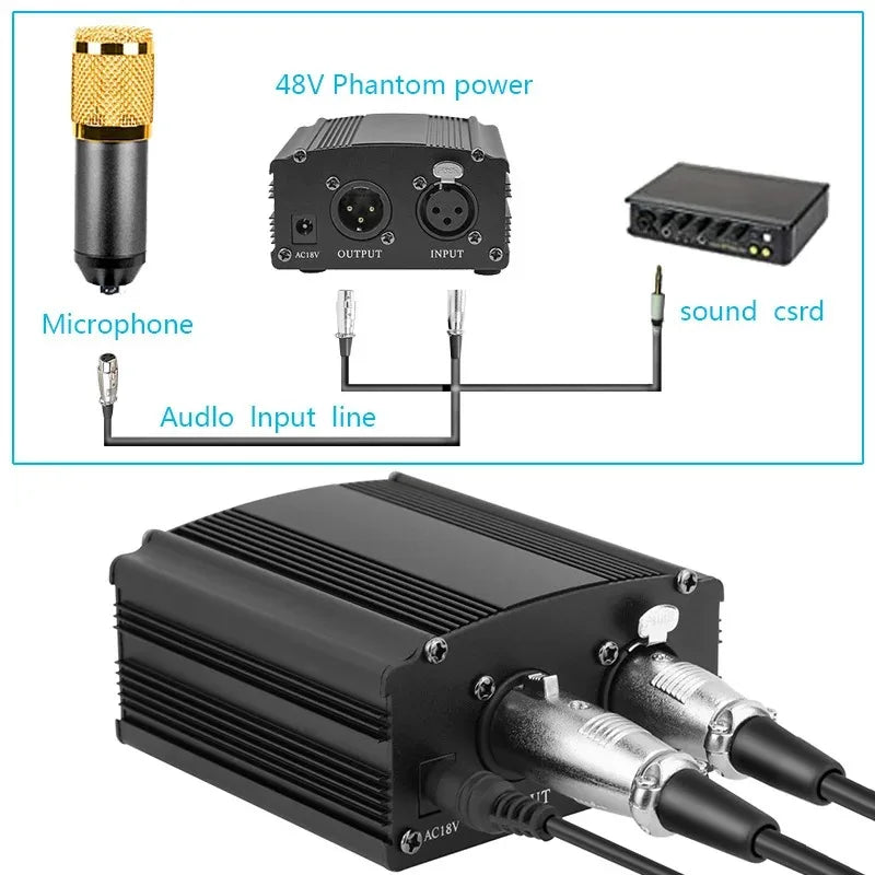 48V Phantom Power Supply Kit - XLR 3-Pin Microphone Cable & Adapter for Condenser Recording Mics
