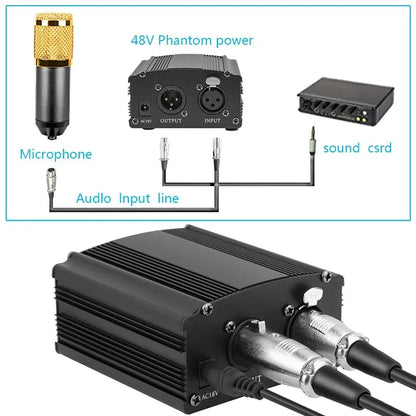 48V Phantom Power Supply Kit - XLR 3-Pin Microphone Cable & Adapter for Condenser Recording Mics