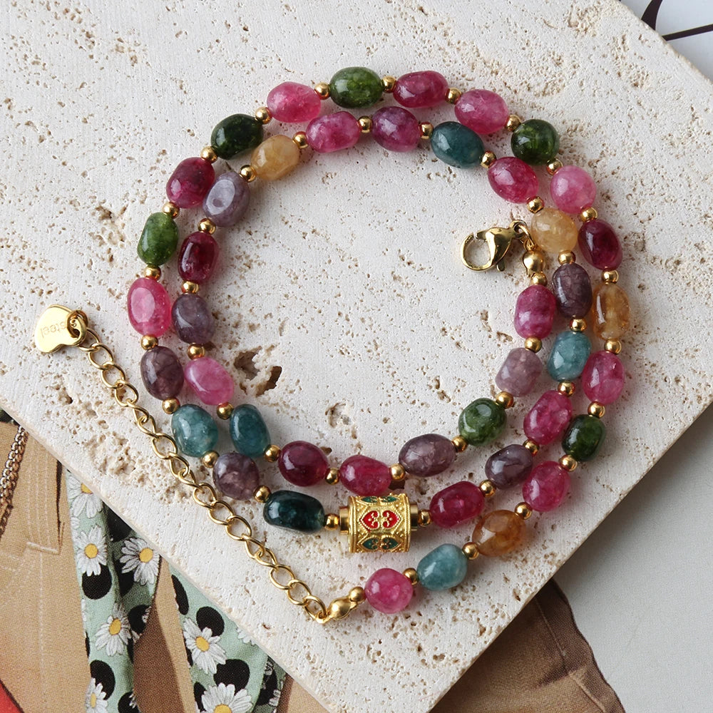 Bohemian Natural Tourmaline Beaded Necklace – Handmade with Stainless Steel Tibetan Pendant, Party Jewelry Gift