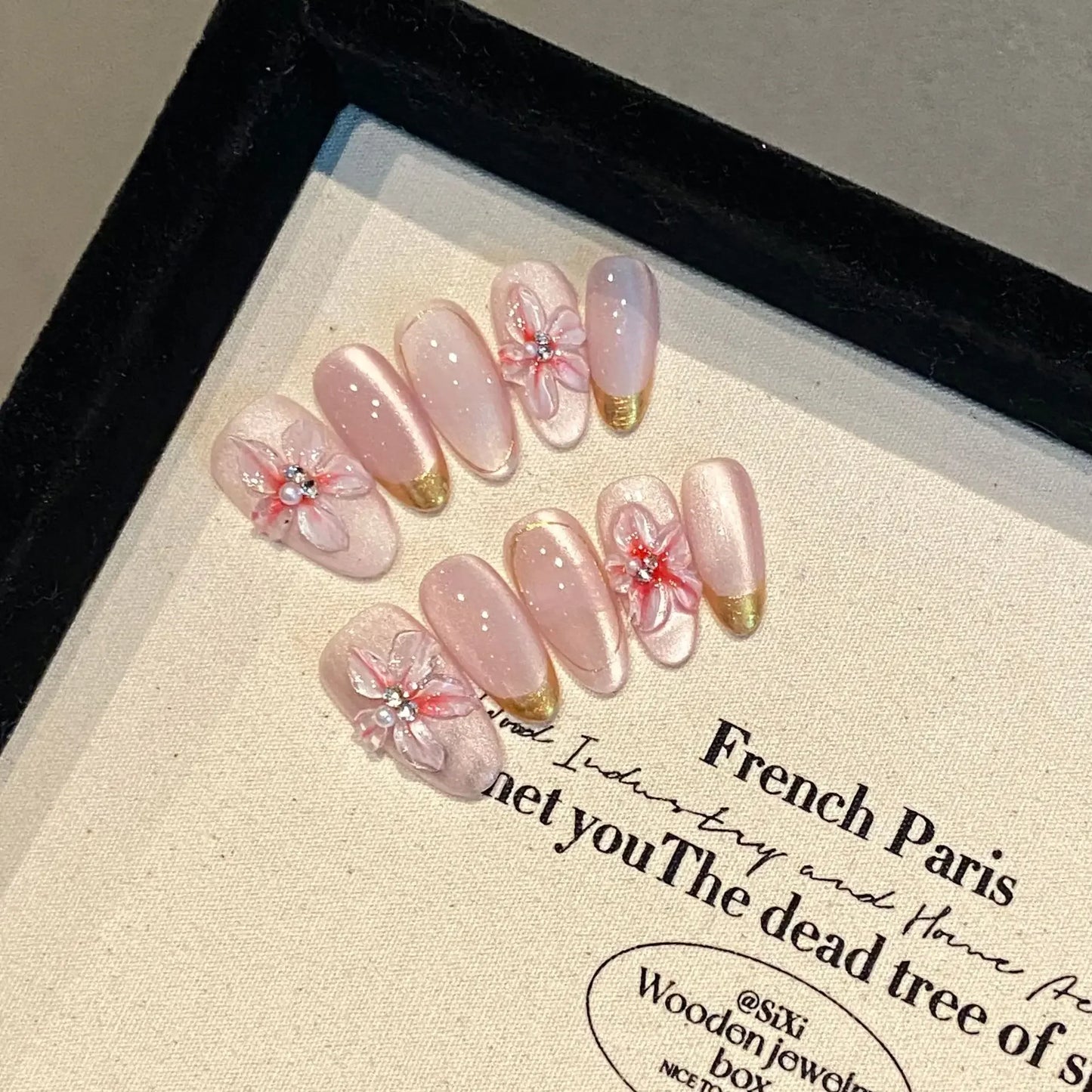 10 Pcs Short Handmade Pink Press-On Nails – Spring French Rhinestone Plaid Full Cover Fake Nail Tips