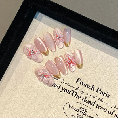 10 Pcs Short Handmade Pink Press-On Nails – Spring French Rhinestone Plaid Full Cover Fake Nail Tips