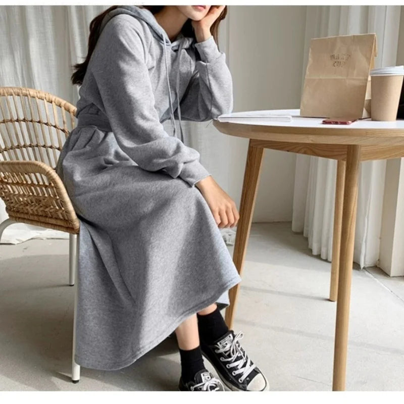 Women's Hooded Maxi Dress - Autumn Winter Long Sleeve Cotton Pullover A-Line Ribbed Dress