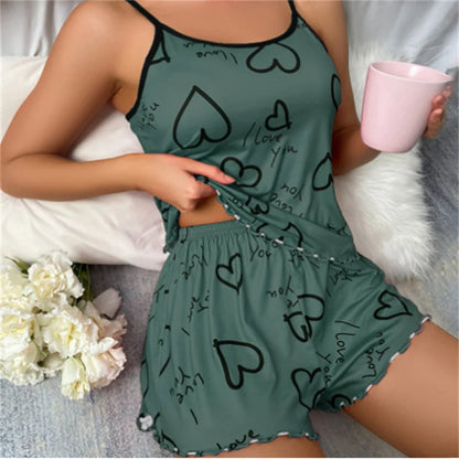 Women’s Heart Print Silk Pajama Set - Sexy Pleated Vest Top & Shorts Soft Cute Home Wear