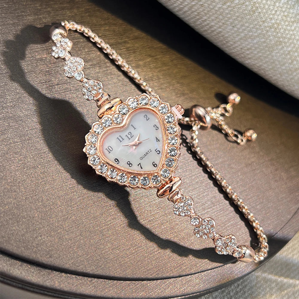 Women's Heart Ribbon Diamond Flower Watch - Fashion Adjustable Bracelet Wristwatch with Elegant Design