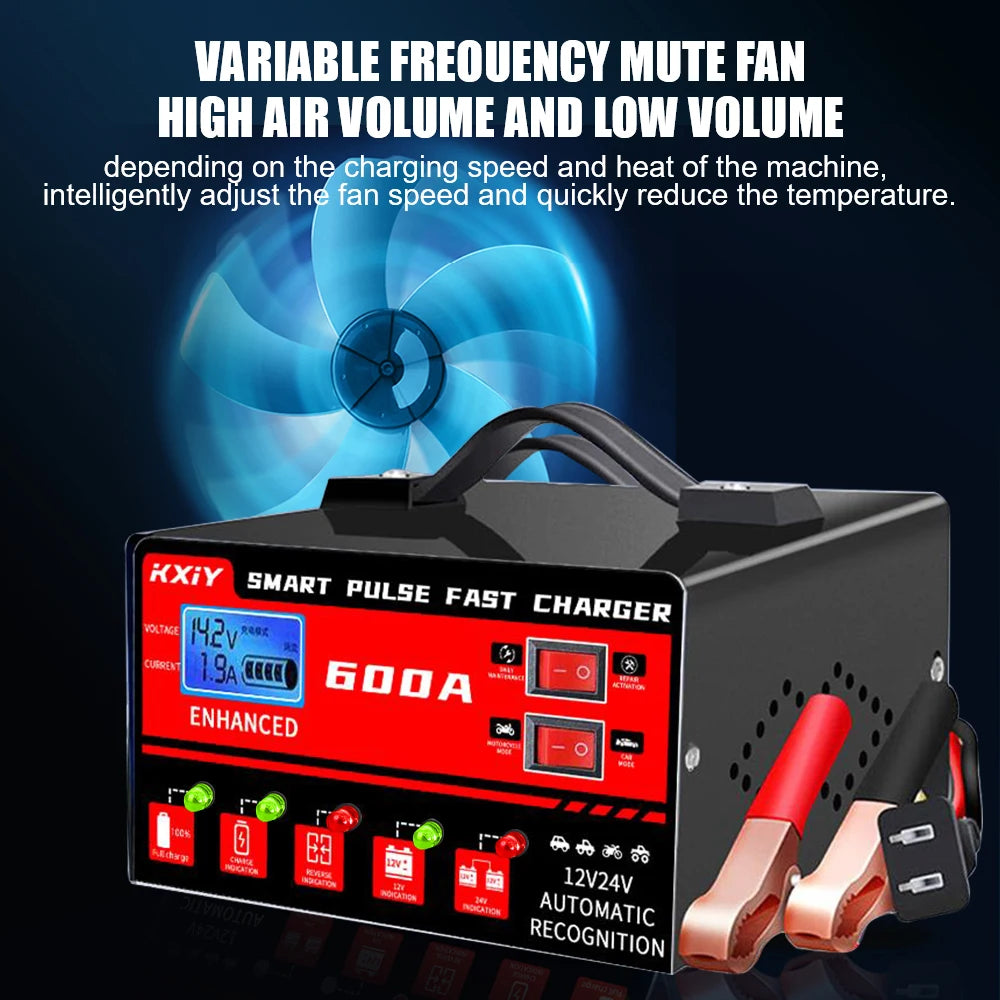 12V/24V Smart Car Battery Charger with LCD Display – 600A Intelligent Pulse Repair Maintainer