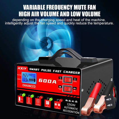 12V/24V Smart Car Battery Charger with LCD Display – 600A Intelligent Pulse Repair Maintainer