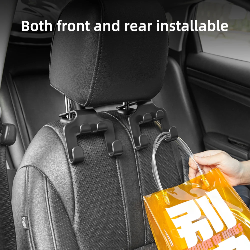 Car Seat Headrest Hook 4 Pack - Universal Hanger Storage Organizer for Handbag, Purse, Coat - Black, Fits Most Vehicle Models