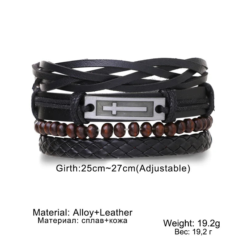 4Pcs Men's Braided Leather Bracelets Set – Vintage Life Tree & Rudder Charms, Wood Beads, Ethnic Tribal Wristbands