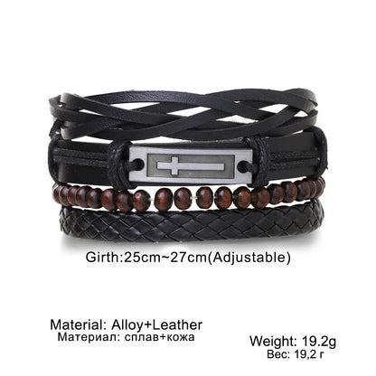 4Pcs Men's Braided Leather Bracelets Set – Vintage Life Tree & Rudder Charms, Wood Beads, Ethnic Tribal Wristbands