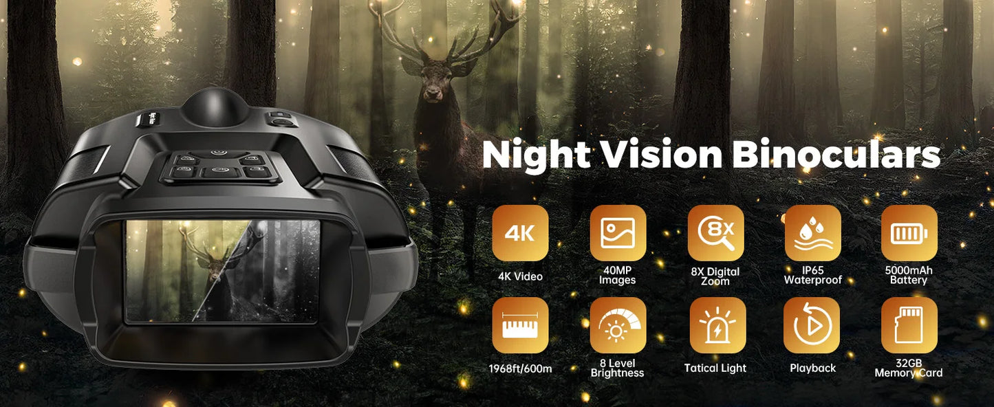 4K Night Vision Binoculars with 32GB, 8X Digital Zoom & Infrared Goggles – 3” Screen Tactical Hunting & Camping