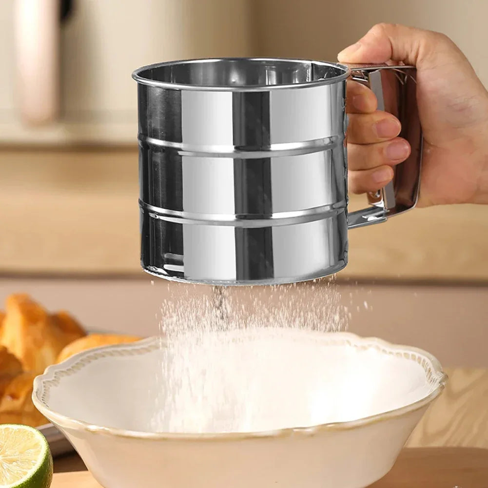 Stainless Steel Flour Sifter with Hand Press – Fine Mesh Baking Sieve for Powdered Sugar & Flour
