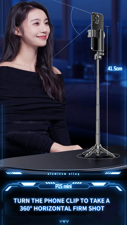 Mini Tripod Selfie Stick 2025 – Bluetooth Remote, One-Touch Push Button, 360° Rotating Stand for iPhone