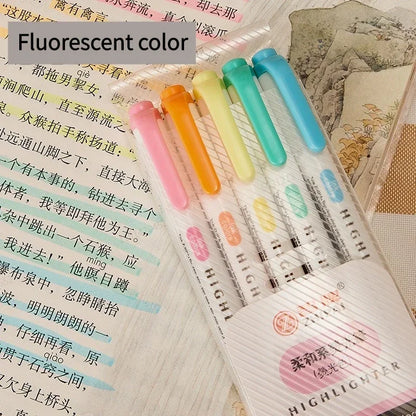 5-Color Double-Ended Highlighter Pen Set - Cute Pastel Fluorescent Markers for Drawing, Art, and Japanese-Style Stationery