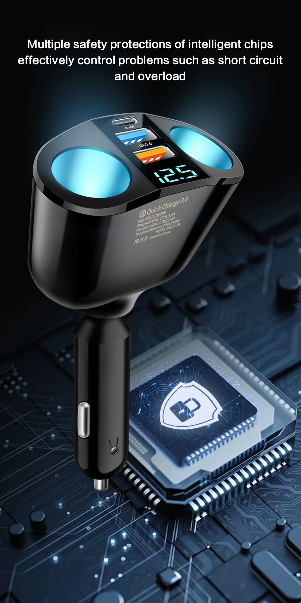 Dual-Port Car Charger Adapter – Digital Display, Simultaneous Charging for Multiple Devices