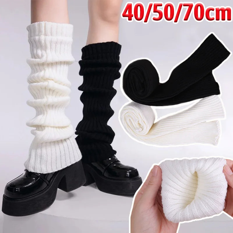 Lolita Knitted Leg Warmers for Women – 40/50/70cm White & Black Crochet Sock Boot Cuffs for Autumn & Winter