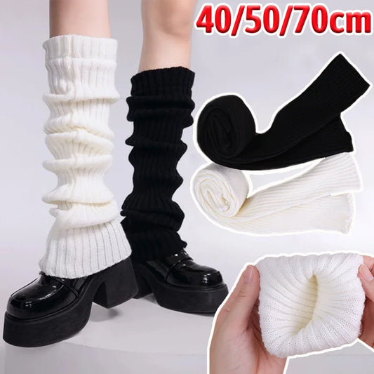 Lolita Knitted Leg Warmers for Women – 40/50/70cm White & Black Crochet Sock Boot Cuffs for Autumn & Winter