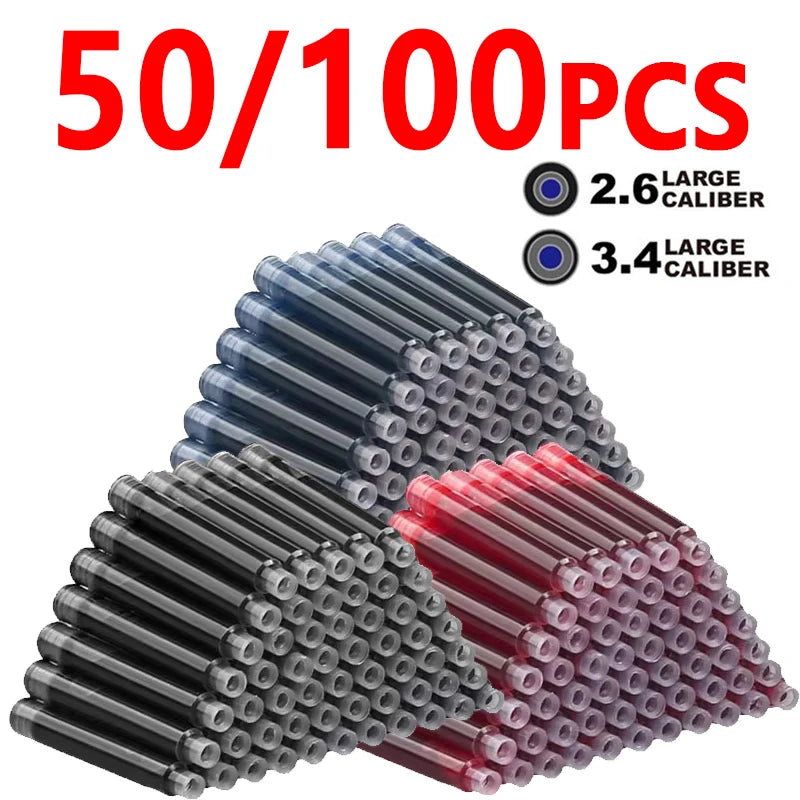50/100pcs Fountain Pen Ink Cartridges – Black, Blue & Red Refill Set (2.6/3.4mm Bore) High-Quality