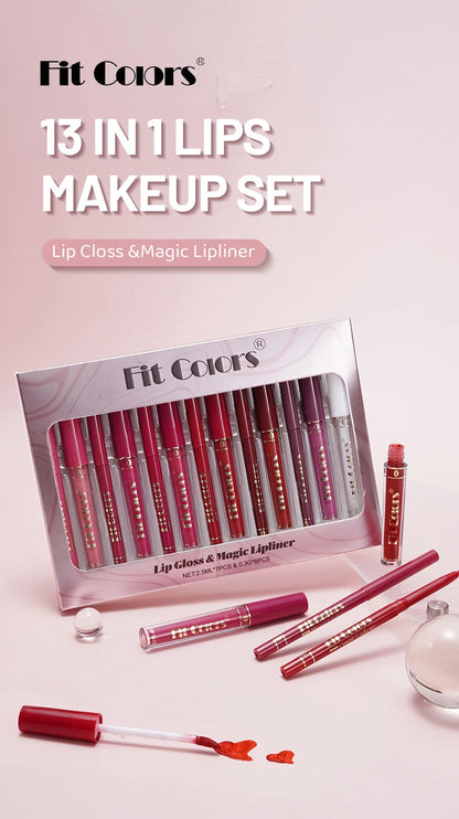 Fit Colors 13pcs Matte Lip Liner Pencil Set – Waterproof, Non-Stick, Long-Lasting Lip Pencil with Case and Hook