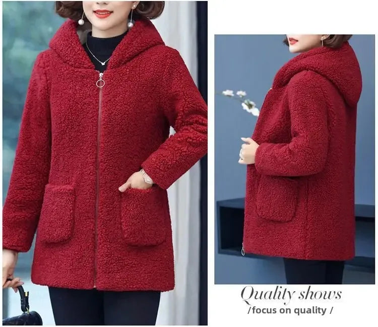 Women’s Thickened Hooded Cotton Jacket – Fleece-Lined Winter Coat, Warm Mommy-Style Outerwear by AE Stock
