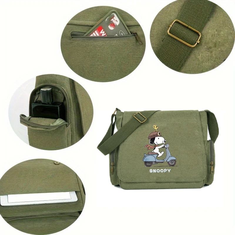 Snoopy Canvas Shoulder Bag – Large Multi-Pocket Cartoon Print Crossbody Messenger Bag for Women & Travel