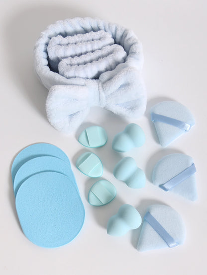 15Pcs Multi-Colored Fluffy Headband & Makeup Sponge Set - Sweet Style Beauty Essentials