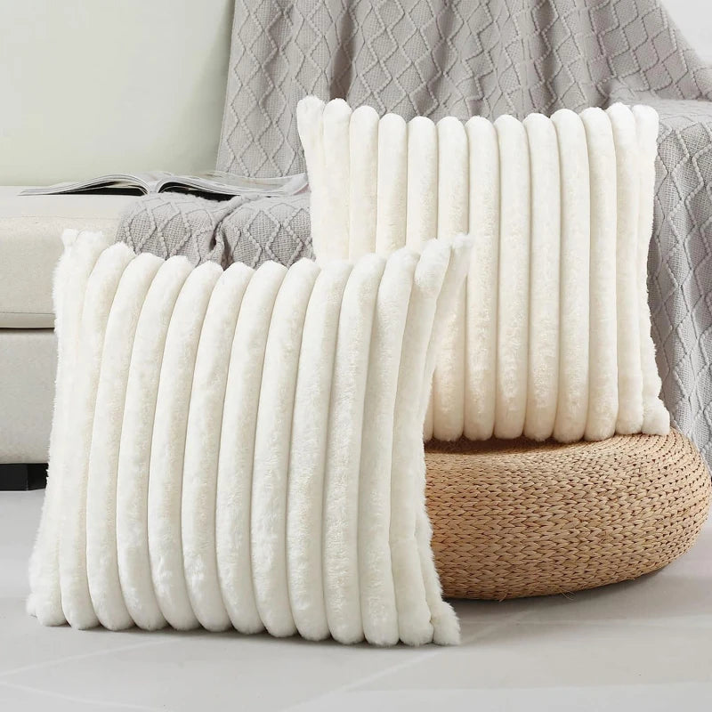 Faux Rabbit Fur Square Cushion Cover – Thick Striped Super Soft Solid Color Pillow, 45x45cm Sofa Decor