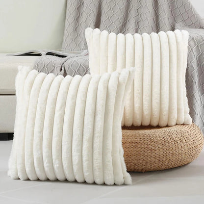 Faux Rabbit Fur Square Cushion Cover – Thick Striped Super Soft Solid Color Pillow, 45x45cm Sofa Decor
