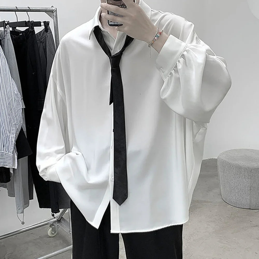 Men’s  Oversized Shirt - Loose Fit Long Sleeve Casual Black Tie Breathable Harajuku Top