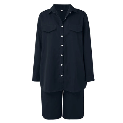 Women’s 2 Piece Summer Outfit Set - Solid Color Cardigan Shirt Top & Casual Shorts Matching Ensemble