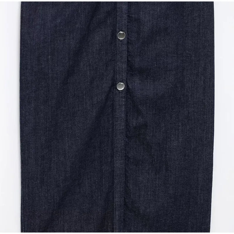 Elegant Pleated Denim Dress for Women – 2025 Chic Slim Fit Lapel Vestido with Short Sleeves & Single-Breasted Design
