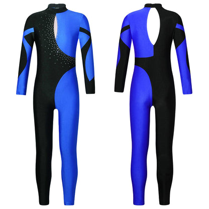 Kids Girls Long Sleeve Rhinestone Bodysuit — Full Body Dancewear Gymnastics Leotard Skating Jumpsuit