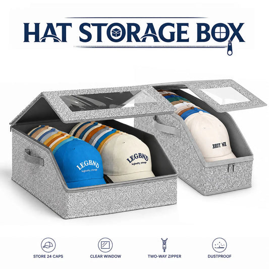 Baseball Cap Storage Box - Clear Window Dustproof Organizer with Zipper, Holds 24 Hats