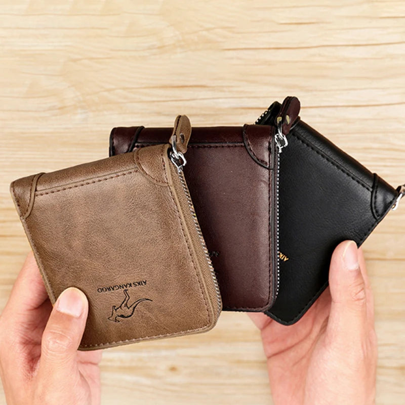 Luxury Leather Men's Wallet – RFID Zipper Card Holder with Coin Pocket, Perfect Gift for Men