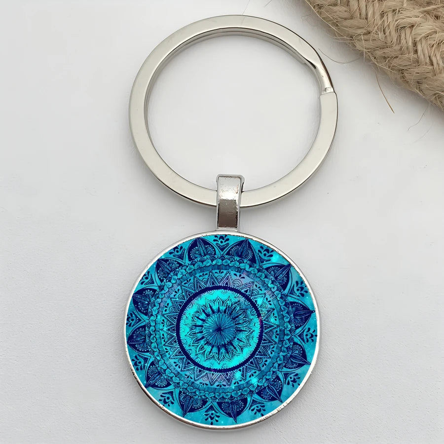 Retro Mandala Flower Yoga Keychain – Buddhist Chakra Glass Car Keyring for Men & Women Spiritual Jewelry Gift Accessory