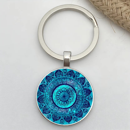 Retro Mandala Flower Yoga Keychain – Buddhist Chakra Glass Car Keyring for Men & Women Spiritual Jewelry Gift Accessory